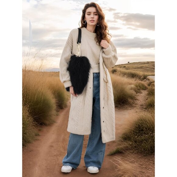 Black Fur Tote Bag Curly Lamb Hair Plush Large with Leather Handles - Picture 7 of 8